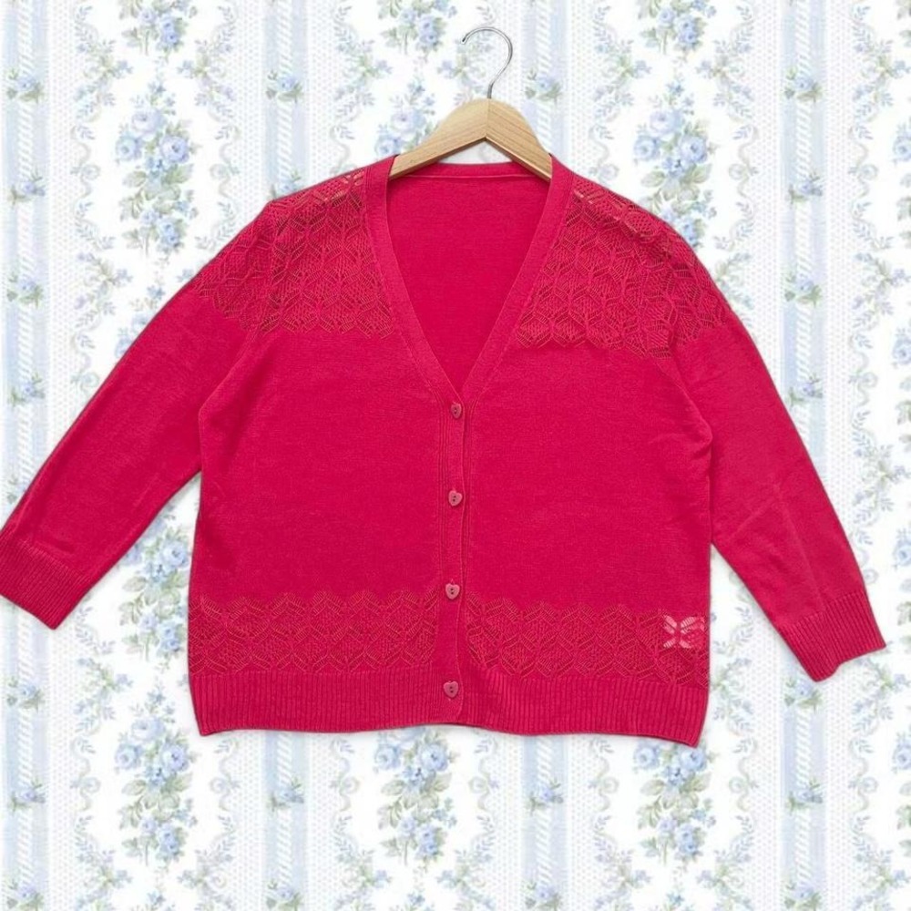 Women's Medium Hot Pink Lace Half Sleeve Cardigan with Heart Buttons